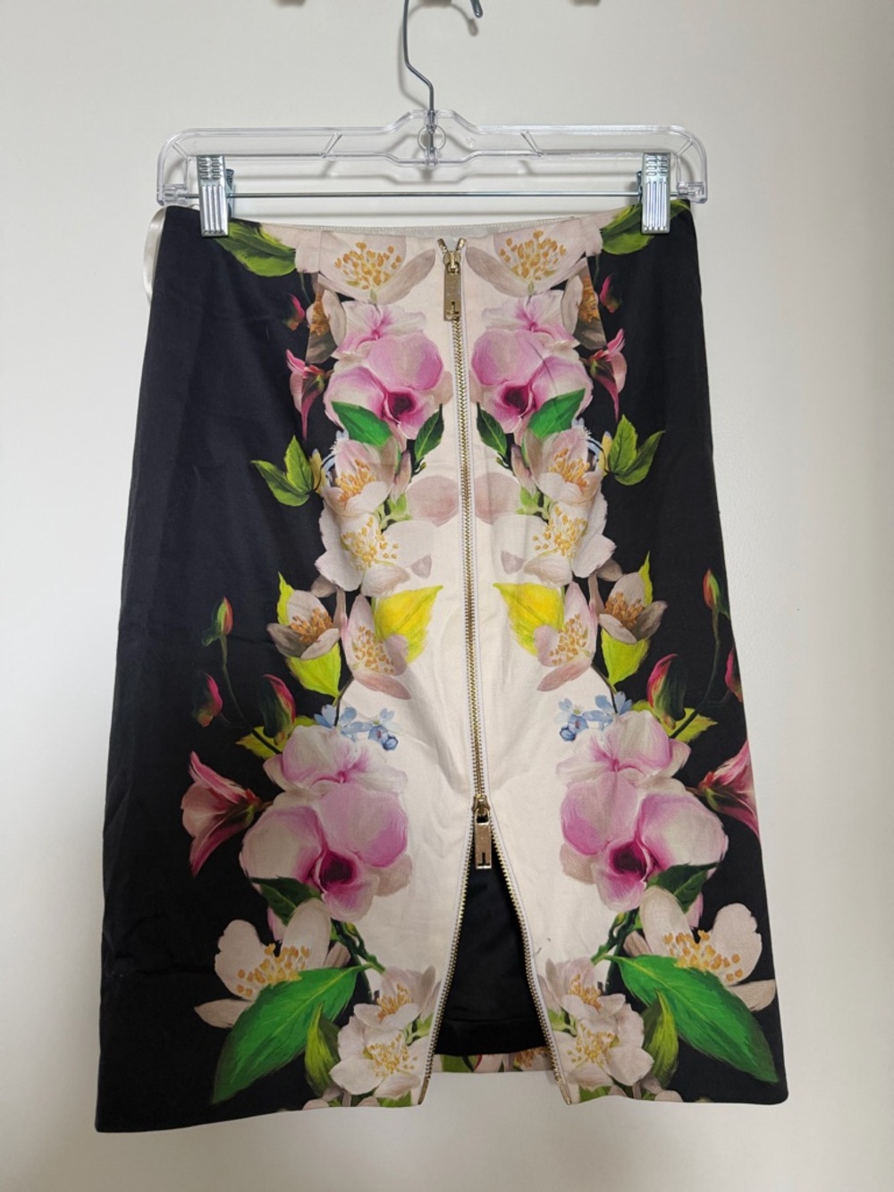 Ted Baker Black and Cream Pencil Skirt with Gold Zip